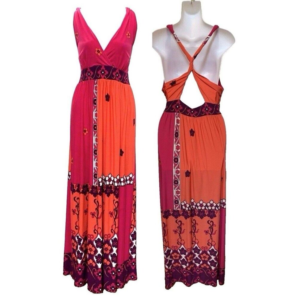 Cache Matte Jersey Halter Maxi Dress Summer SZ M 10 Psychedelic Floral Coastal